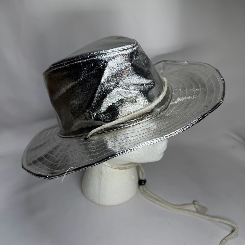 Vintage Metallic Silver Bucket Boonie Hat Adjustable Strap Elastic Inside SEE